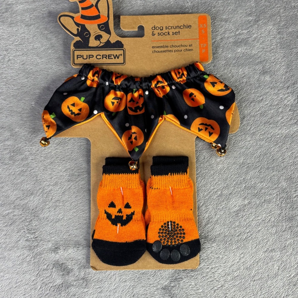 Pup Crew Dog Scrunchie Sock Set XS/S Orange Black Halloween Pumpkin Jingle Bell